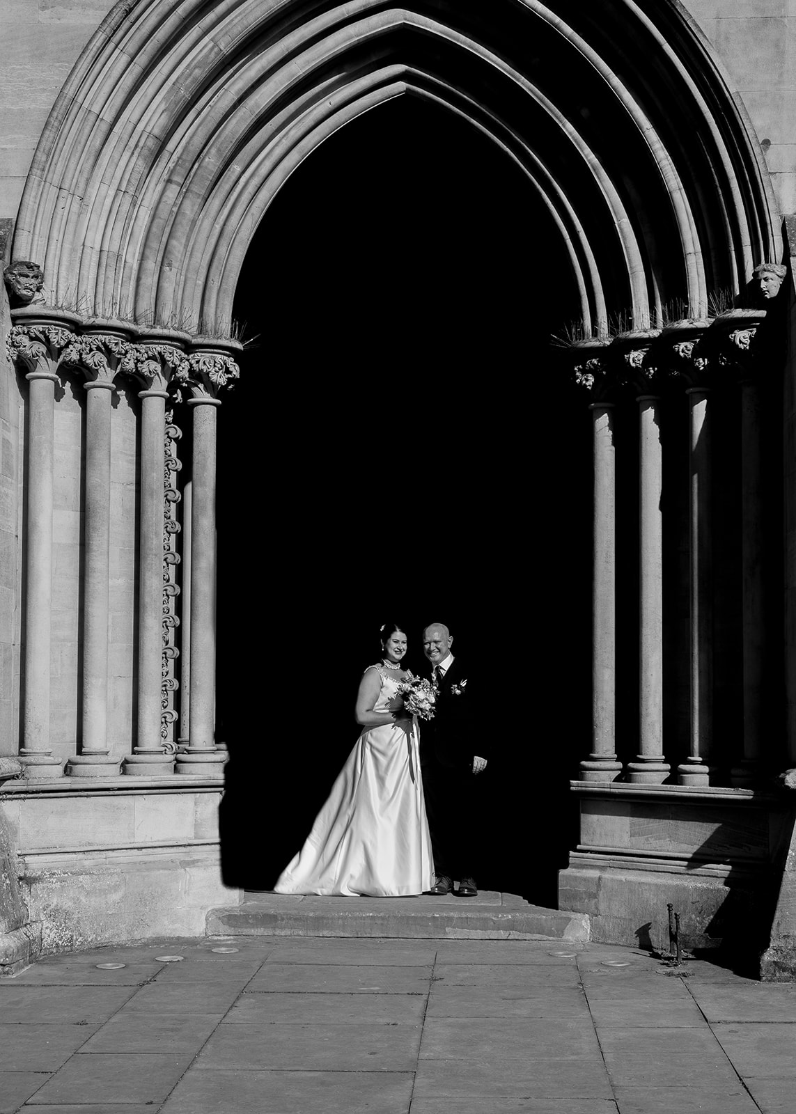 Black and white portrait of bride and groom during the Saint Albans wedding